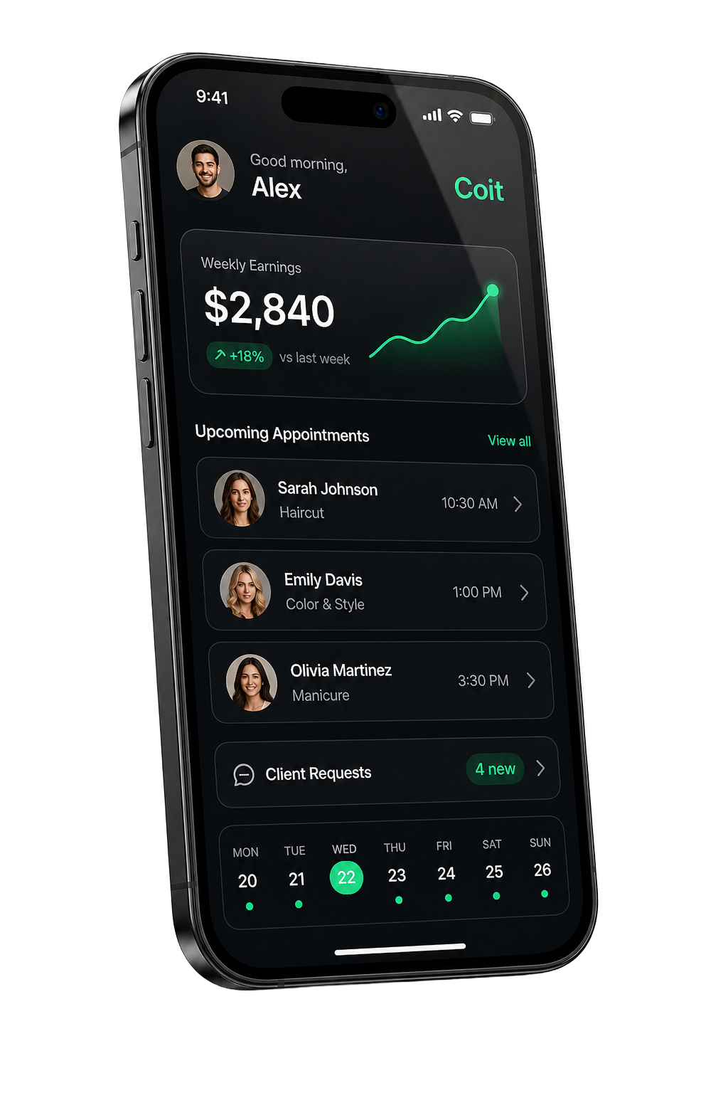 Coit app dashboard showing appointments, weekly earnings, and client requests